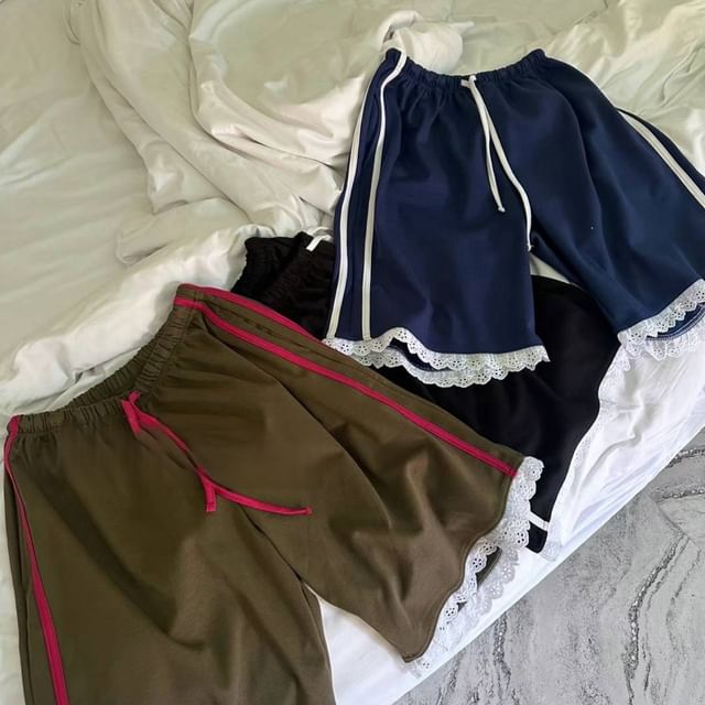 Moon City-Drawstring Waist Striped Lace Trim Shorts