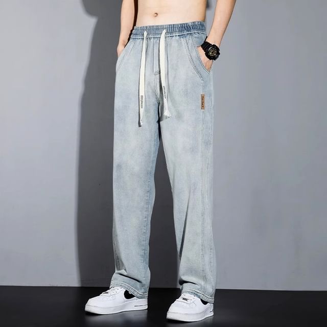 WidoWilder-Drawstring Waist Washed Straight Leg Jeans