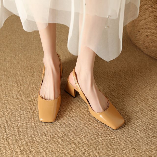 Niuna-Square Toe Slingback Patent Block Heel Mules