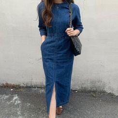 Coris - Elbow-Sleeve Denim Midi Dress Coris - Elbow-Sleeve Denim Midi Dress