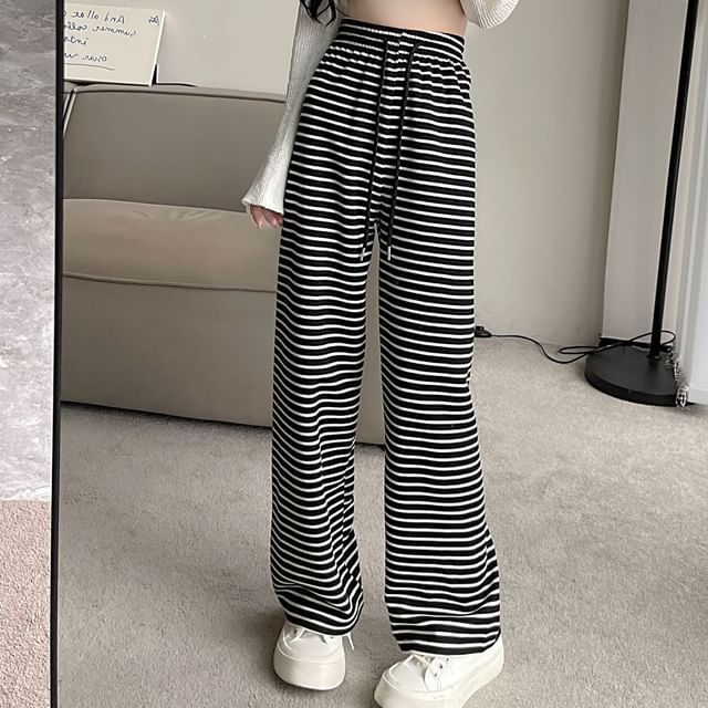 Dovitade-Drawstring Waist Striped Wide Leg Pants