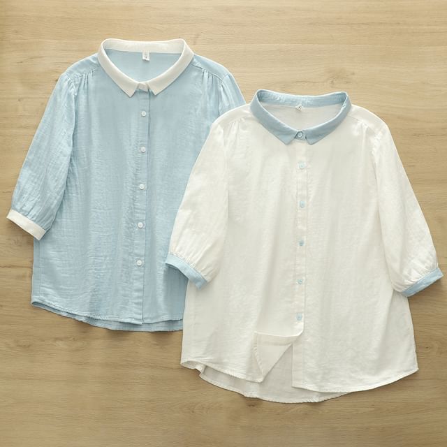 Suzette-34-Sleeve Collared Contrast Trim Button-Up Blouse