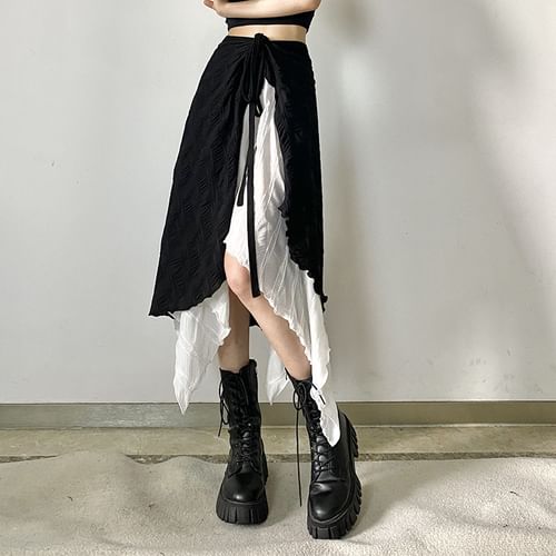 Two-Tone Asymmetrical Midi A-Line Wrap Skirt