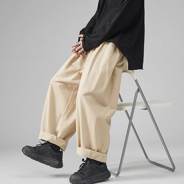 Ninine-Elastic Waist Plain Cropped Wide Leg Pants