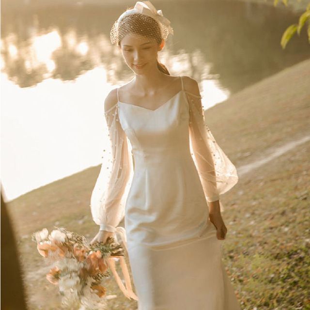 halter style a line wedding dress Elegant Off Shoulder Sweetheart Neckline Wedding Dress