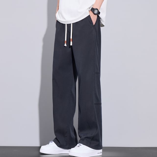 Denimic-Drawstring Waist Plain Loose Fit Pants