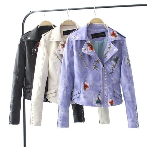 Floral Studded Faux Leather Zip Biker Jacket