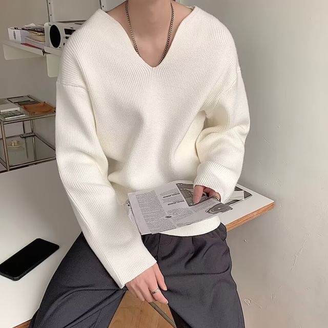 Urtishia-Notch Neck Plain Sweater