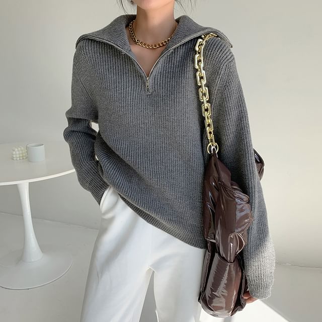 PERKARP-Long-Sleeve Plain Half-Zip Sweater Various Designs