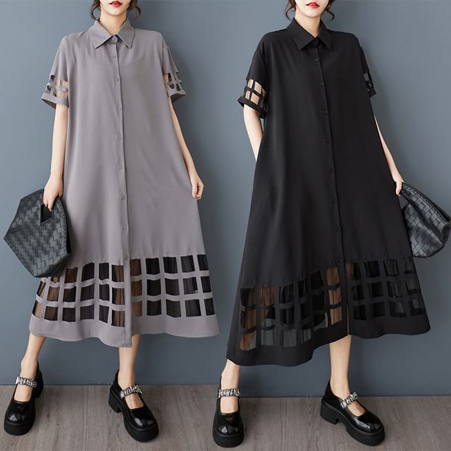Lewwe-Elbow-Sleeve Collared Mesh Panel Cutout Button-Up Midi Tunic Dress