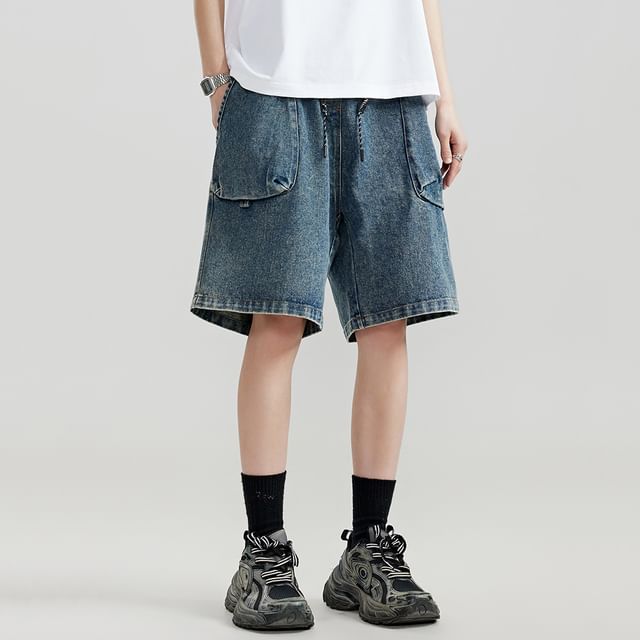Adothuiastic-Drawstring Waist Washed Wide Leg Denim Shorts