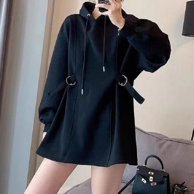 Cloud Nine-Plain Buckled Mini Hoodie Dress