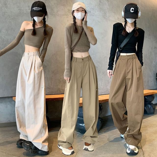 Yako-Mid Rise Plain Baggy Suit Pants