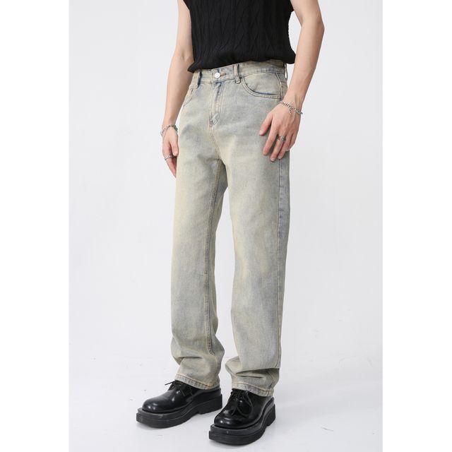 FAERIS-High Waist Washed Straight Leg Jeans