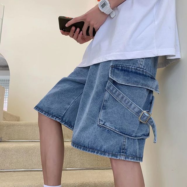 DuckleBeam-Mid Rise Washed Denim Cargo Shorts