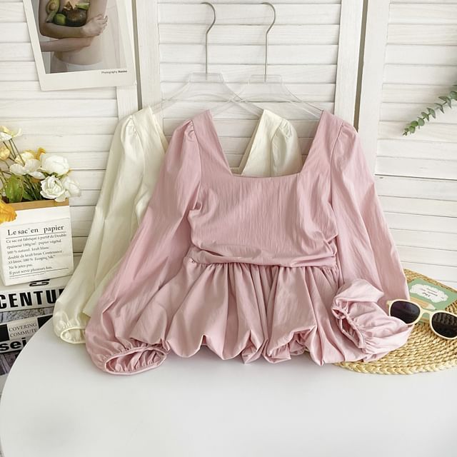 Iasia-Long-Sleeve Square Neck Plain Peplum Blouse