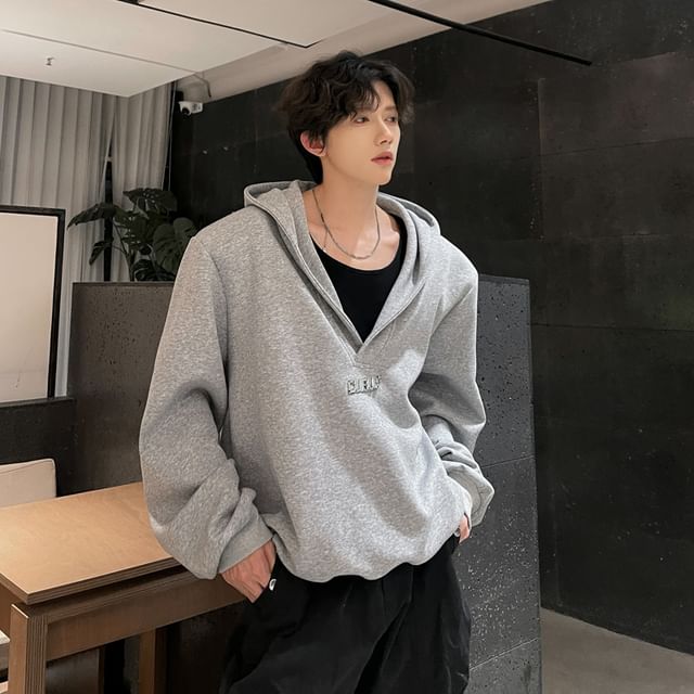 ravewider-V-Neck Plain Hoodie
