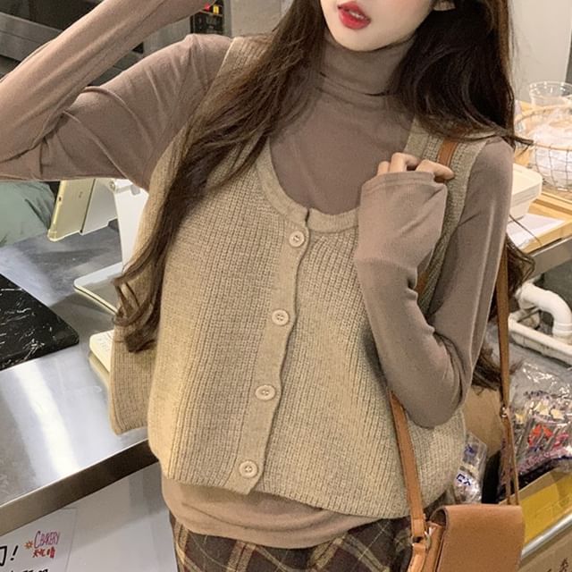 Trendycas-Long Sleeve Turtleneck Plain Top Scoop Neck Plain Button Sweater Vest