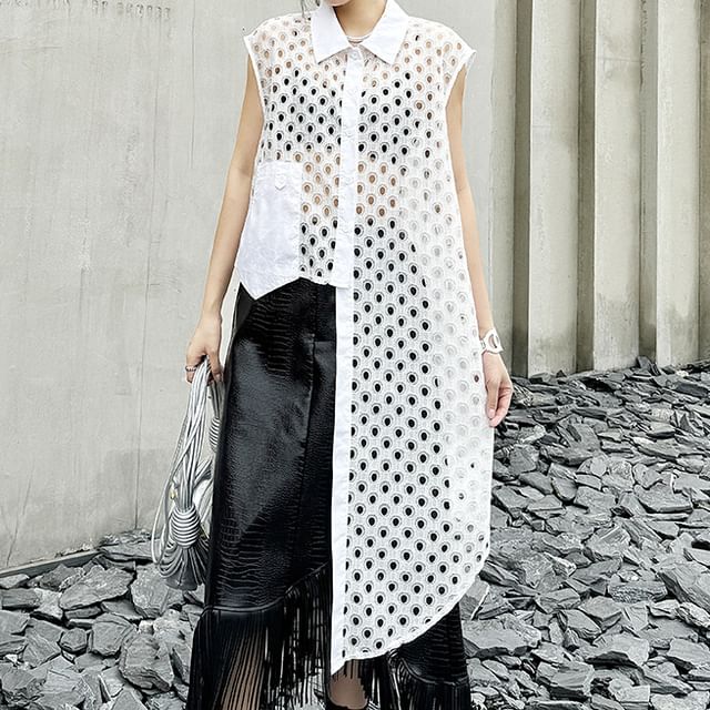 KUMI-Sleeveless Collared Plain Cutout Asymmetrical Shirt