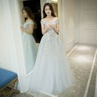 Sennyo - Off Shoulder Lace Panel Mesh Bridesmaid Dress | YesStyle