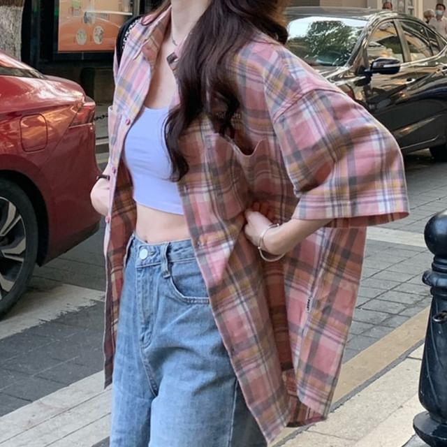 Yako-Elbow-Sleeve Plaid Shirt