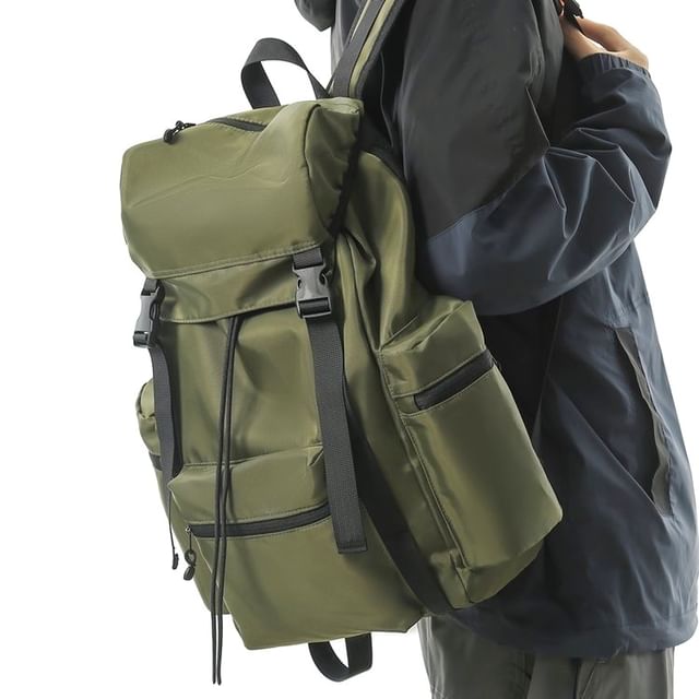 Hikuozy-Plain Drawstring Nylon Flap Backpack