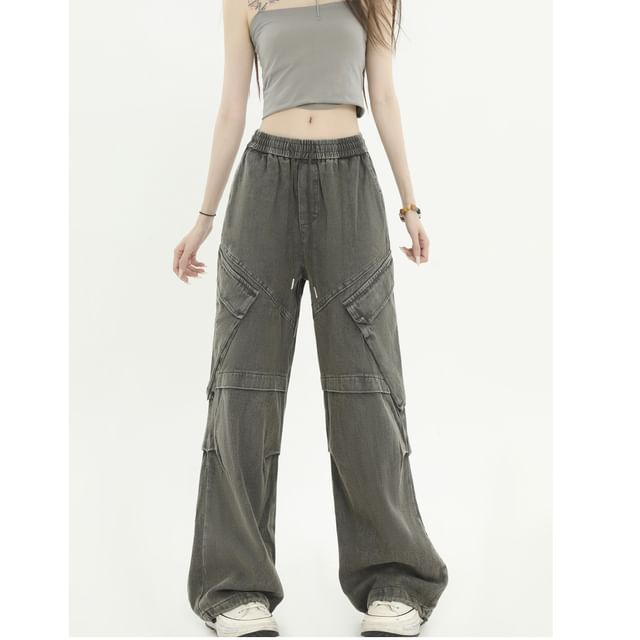 Banash-Drawstring Waist Washed Wide Leg Cargo Jeans