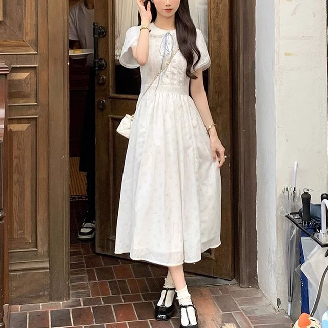 short sleeve collar a line dress Pearl-collar Short-sleeve White A-line Dress