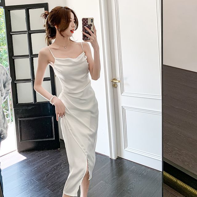 yesstyle satin dress Off-Shoulder Lace Panel Midi A-Line Satin Dress