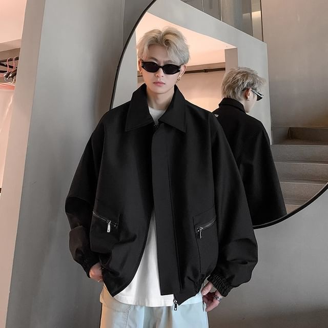 emeisa-Collared Plain Zip-Up Jacket