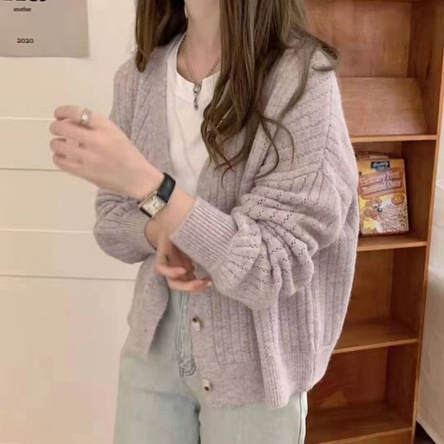 JVL-V-Neck Pointelle Knit Cardigan