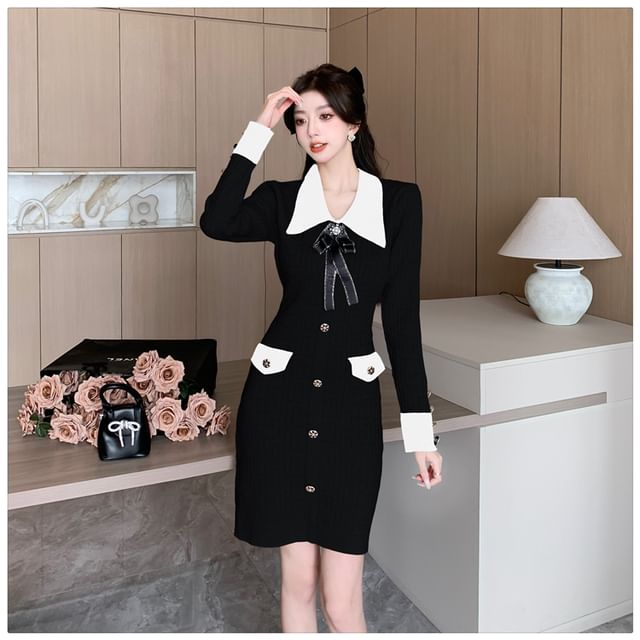 Girls Supply - Long Sleeve Peter Pan Collar Two Tone Buttoned Mini Bodycon  Knit Dress | YesStyle