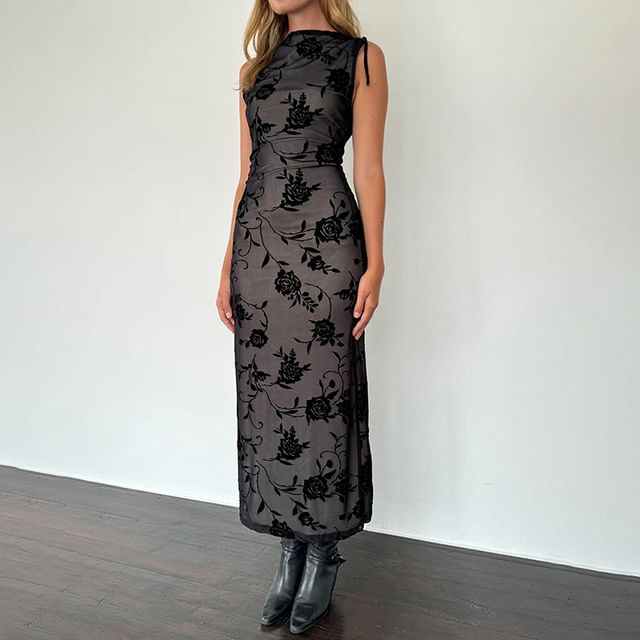 FYDO - Sleeveless Boat Neck Floral Mesh Maxi Sheath Dress | YesStyle