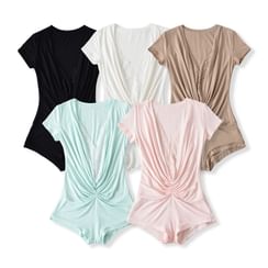 Short-Sleeve Zip-Up Plain Romper