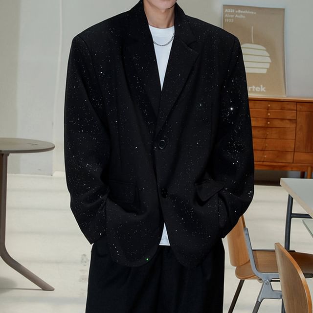 Orungeetun-Lapel Collar Glitter Single Breasted Blazer