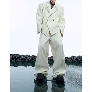 kooklay-Logo Asymmetrical Paneled Double-Breasted Blazer Mid Rise Wide Leg Dress Pants