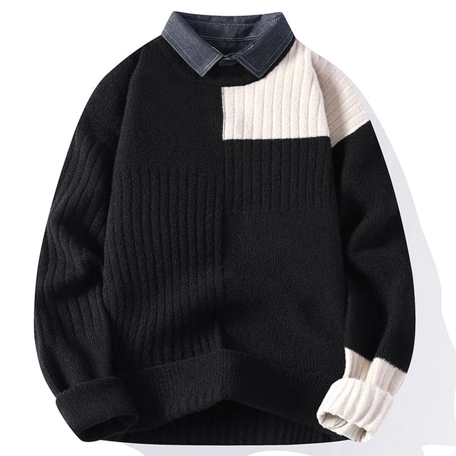 FORSETI-Mock Two-Piece Collar Color Block Ribbed Sweater
