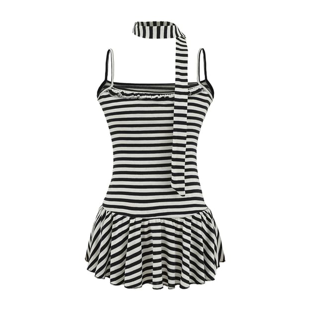 Ulark-Spaghetti Strap Scoop Neck Striped Mini A-Line Dress