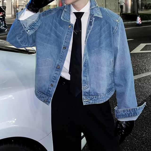 Ateso-Washed Shoulder Pad Crop Denim Jacket