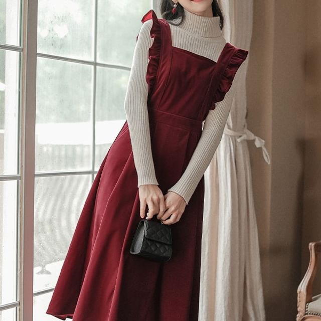 ribbed overall dress Yolandus - Set: Turtleneck Plain Ribbed Sweater + Square Neck Plain Ruffle  Pleated Corduroy Midi A-Line Overall Dress
