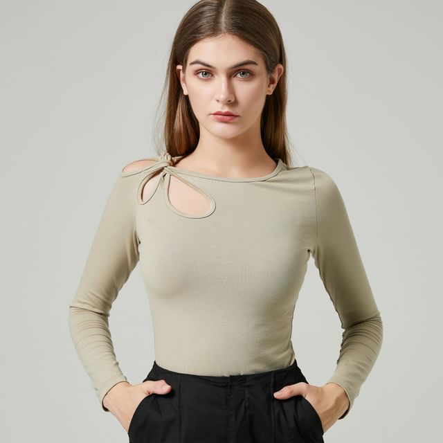 YS by YesStyle - Eco-Friendly Long-Sleeve Plain Cutout Top | YesStyle