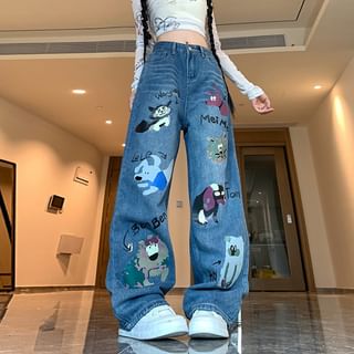 Chisan - Mid Waist Cartoon Print Washed Baggy Jeans | YesStyle