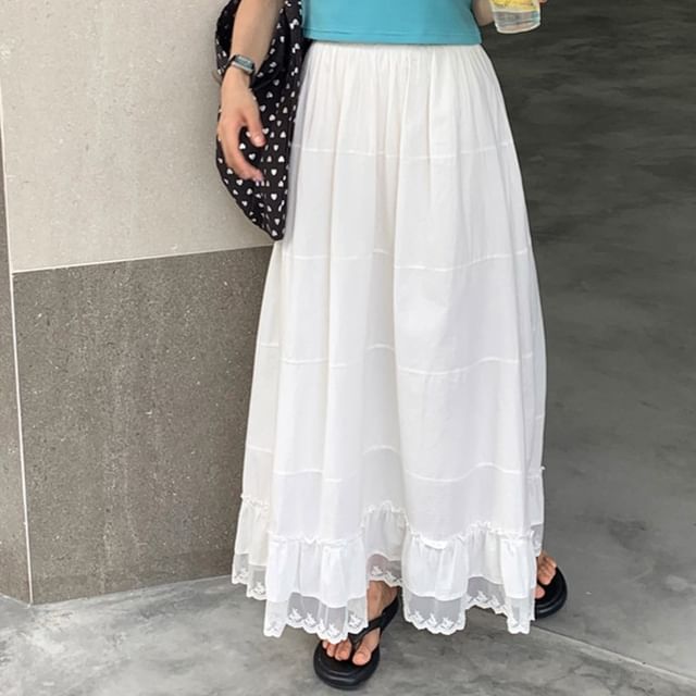 Hafand Elastic Waist Plain Ruffle Tiered Maxi A-Line Skirt