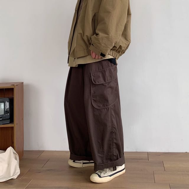 DuckleBeam-Mid Rise Plain Wide Leg Cargo Pants