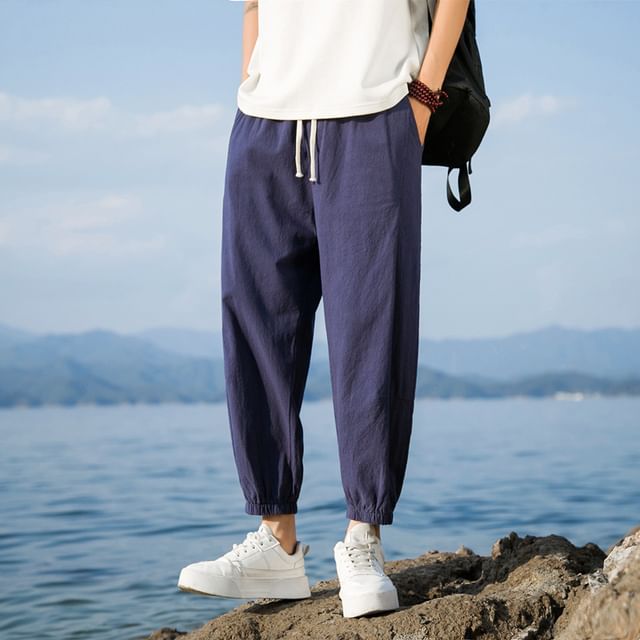 Aozora-Drawstring Waist Plain Crop Harem Pants