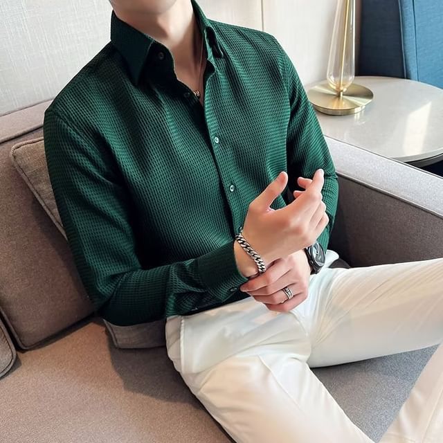 Wewewow-Long-Sleeve Collared Plain Shirt