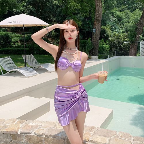 Set: Plain Ruffle Trim Tankini Top + Asymmetrical Swim Skirt