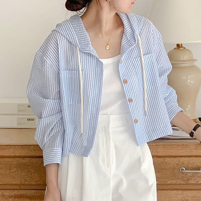 Janerium-34-Sleeve Hooded Striped Button Up Jacket
