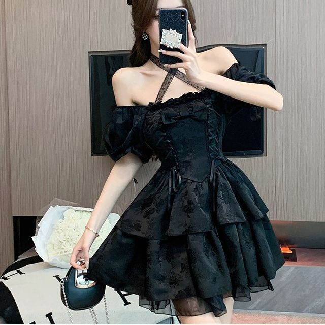 knee length dresses for ladies Yellow Lace Applique Ruffle Mermaid Prom Dress with Cold Shoulder –  FancyVestido main image 0