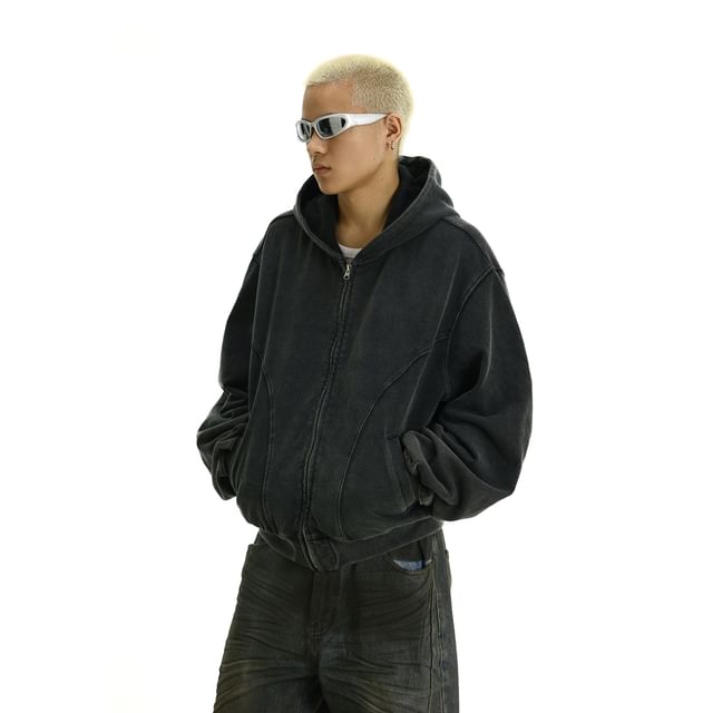 Meiksip-Plain Zip-Up Hoodie